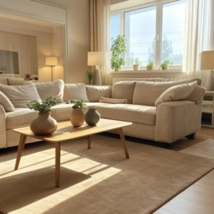 Przytulne, nowocześnie urządzone wnętrze salonu z naturalnymi dodatkami