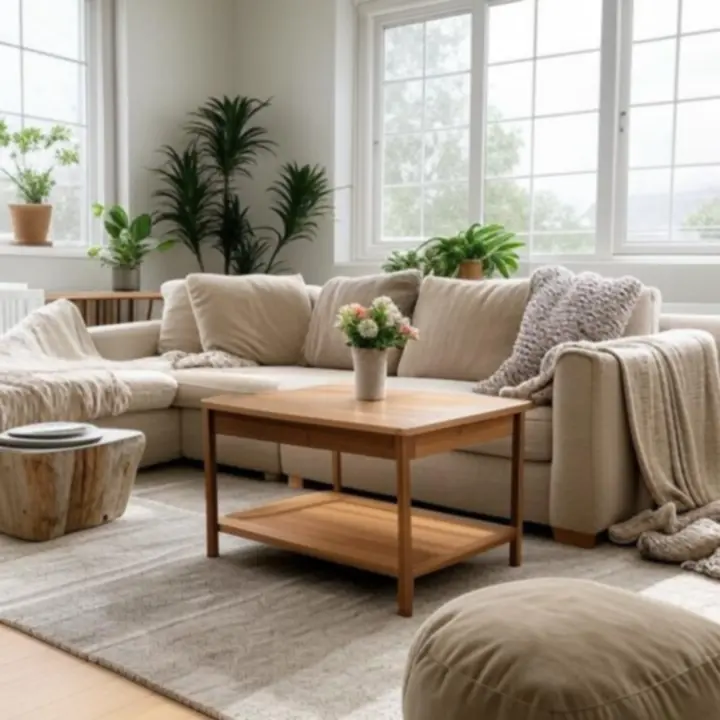 Nowoczesne, przytulne wnętrze inspirowane naturalnymi materiałami